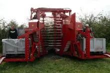 Kombajn Felix Firmy Weremczuk najeżdżający na cały rząd drzew