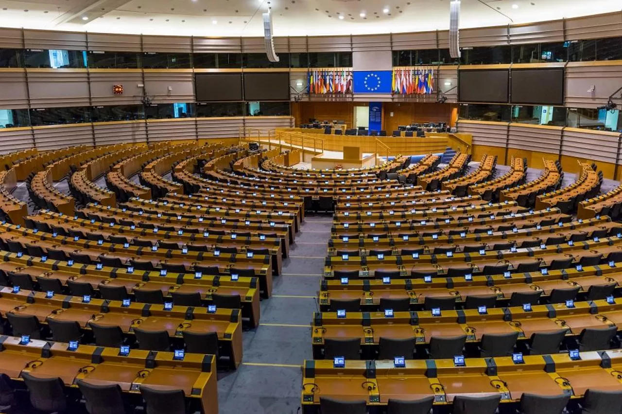 European parliament empty plenary room in Brussels, Belgium