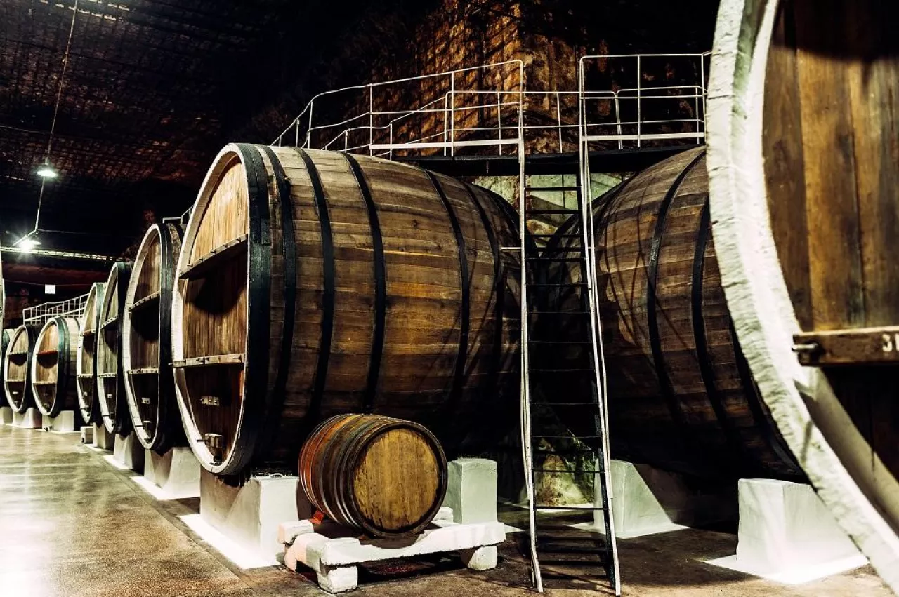 Old barrels in the wine cellar. Wine cellar with old oak barrels, production of fortified dry or semi-sweet wine. The wine barrels are stored in the old cellar of the winery. Brewery, winery
