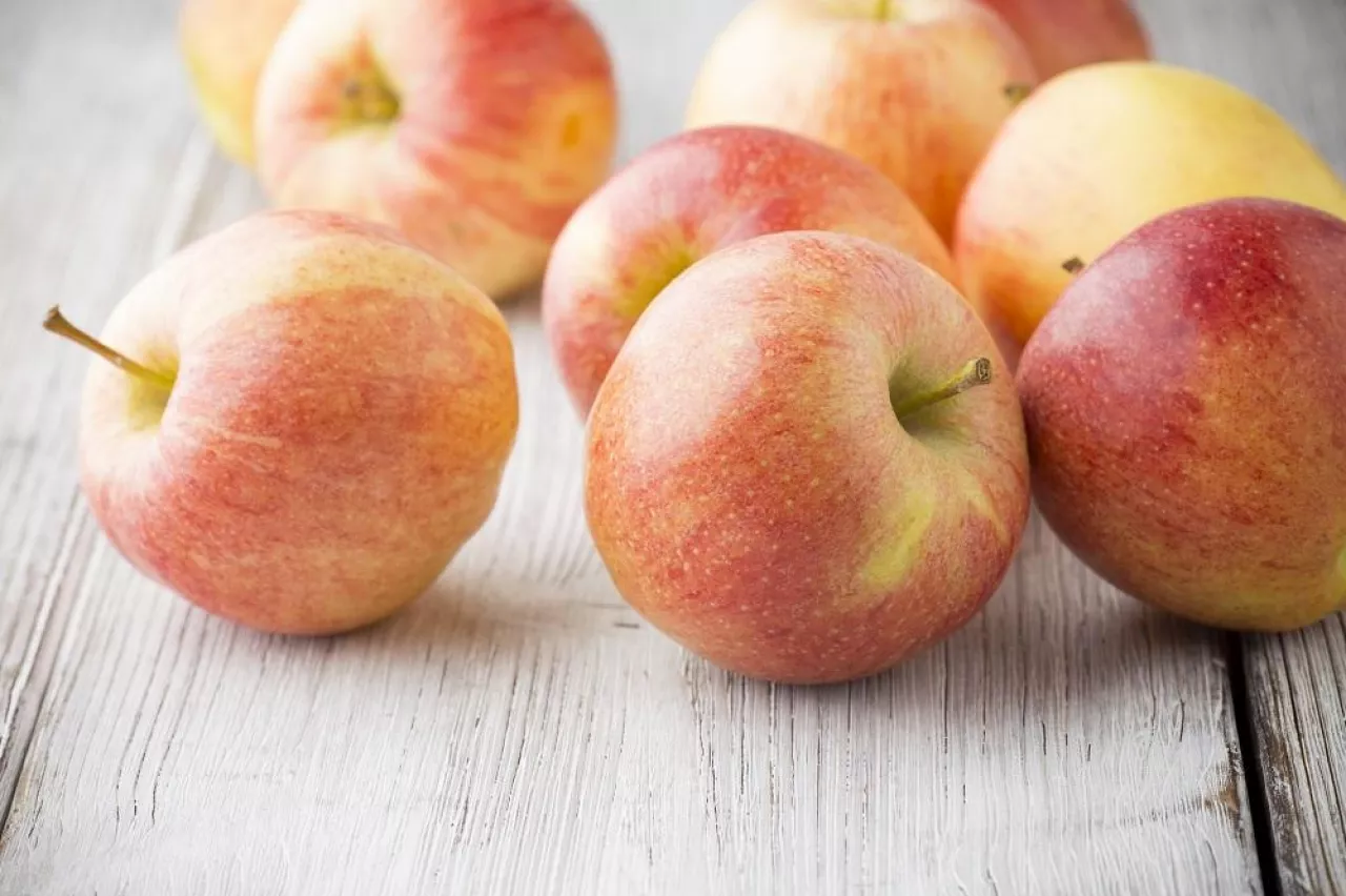Apple on the wooden background.