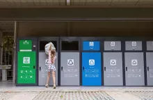 Waste separation trash for different kind of rubbish before drop for save planet and ecology. Garbage trash bins for waste segregation. Separate waste collection food waste, plastic, paper and danger waste. Eco friendly and environmental protection concept. Trash can for recyclable, perishable and residual waste on backyard