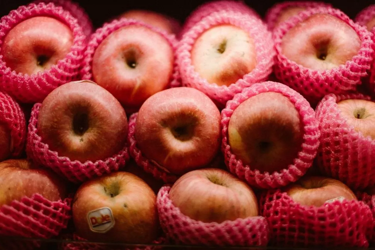 Collection of fresh tasty ripe red apples in packing protective net