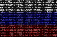 Russia flag is depicted on the screen with the program code. The concept of modern technology and site development.