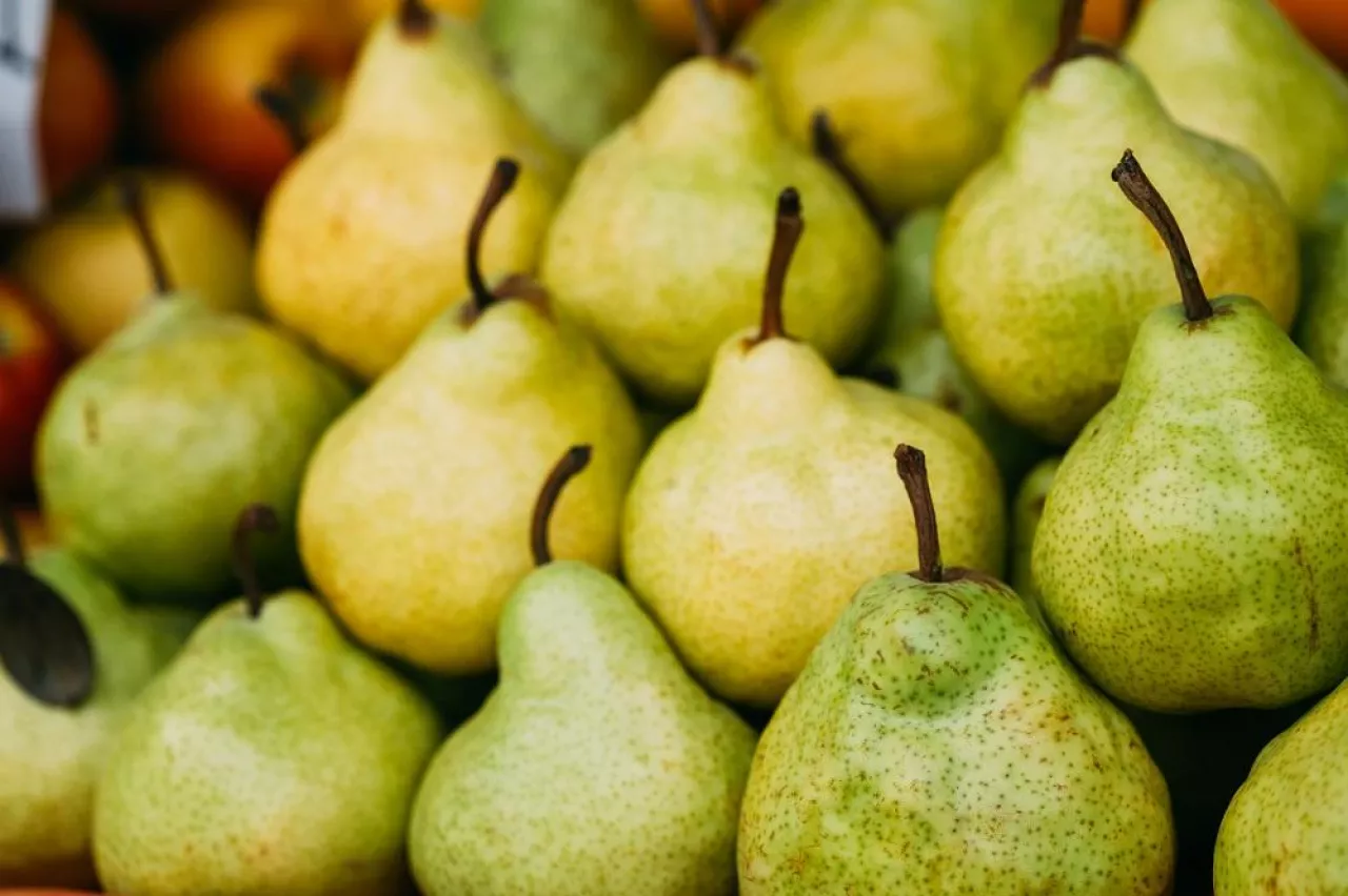 Green Ripe Pears At A Farmers Market. Heap Of Fruits.