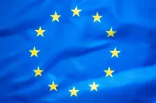 Photo of the European Union flag. Waving EU flag. Top view.