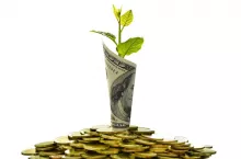 Image of pile of coins and rolled bank note with plant on top showing business, saving, growth, economic concept isolated on white background