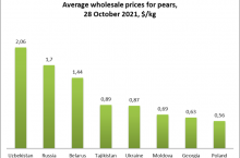 Średnie hurtowe ceny gruszek w dolarach za kilogram. Źródło: east-fruit.com
