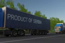 Moving freight semi trucks with PRODUCT OF SERBIA caption on the trailer. Road cargo transportation. 3D