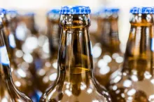 Blue beer bottles macro closeup