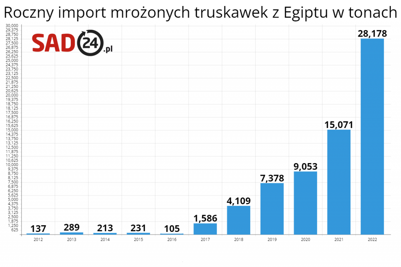 Roczny import mrożonych truskawek z Egiptu w tonach