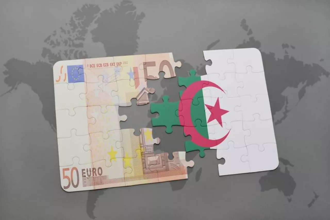 puzzle with the national flag of algeria and euro banknote on a world map background. 3D illustration