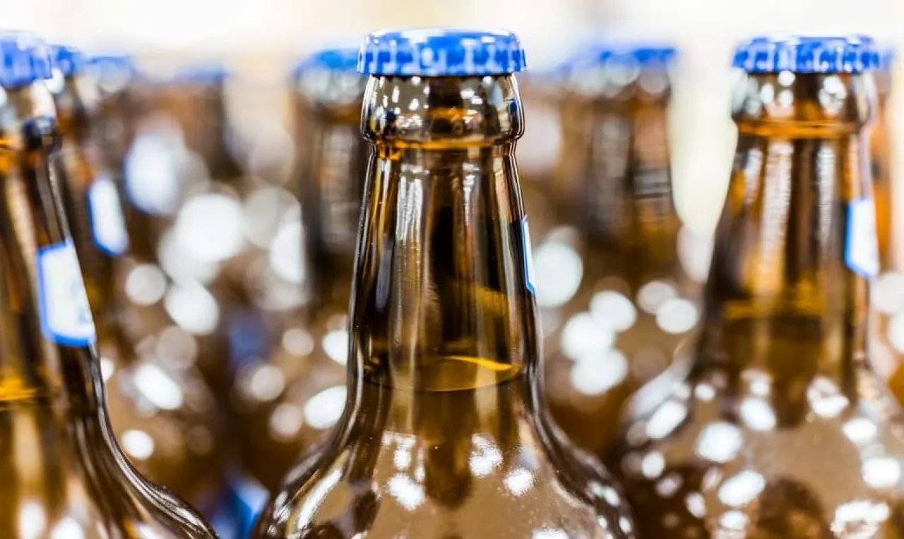 Blue beer bottles macro closeup