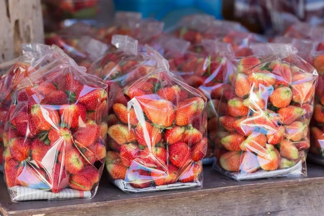 strawberry juicy fruit in plastic bag packaging
