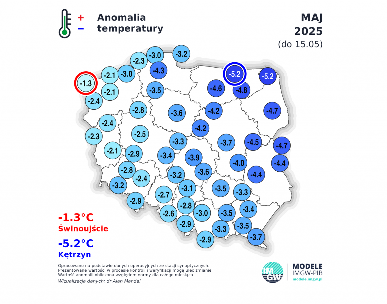 zimny maj 2025. mapka pokazująca, że temperatura jest niższa od średniej wieloletniej